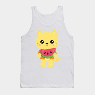 Hawaii Cat, Cute Cat, Yellow Cat, Watermelon, Luau Tank Top